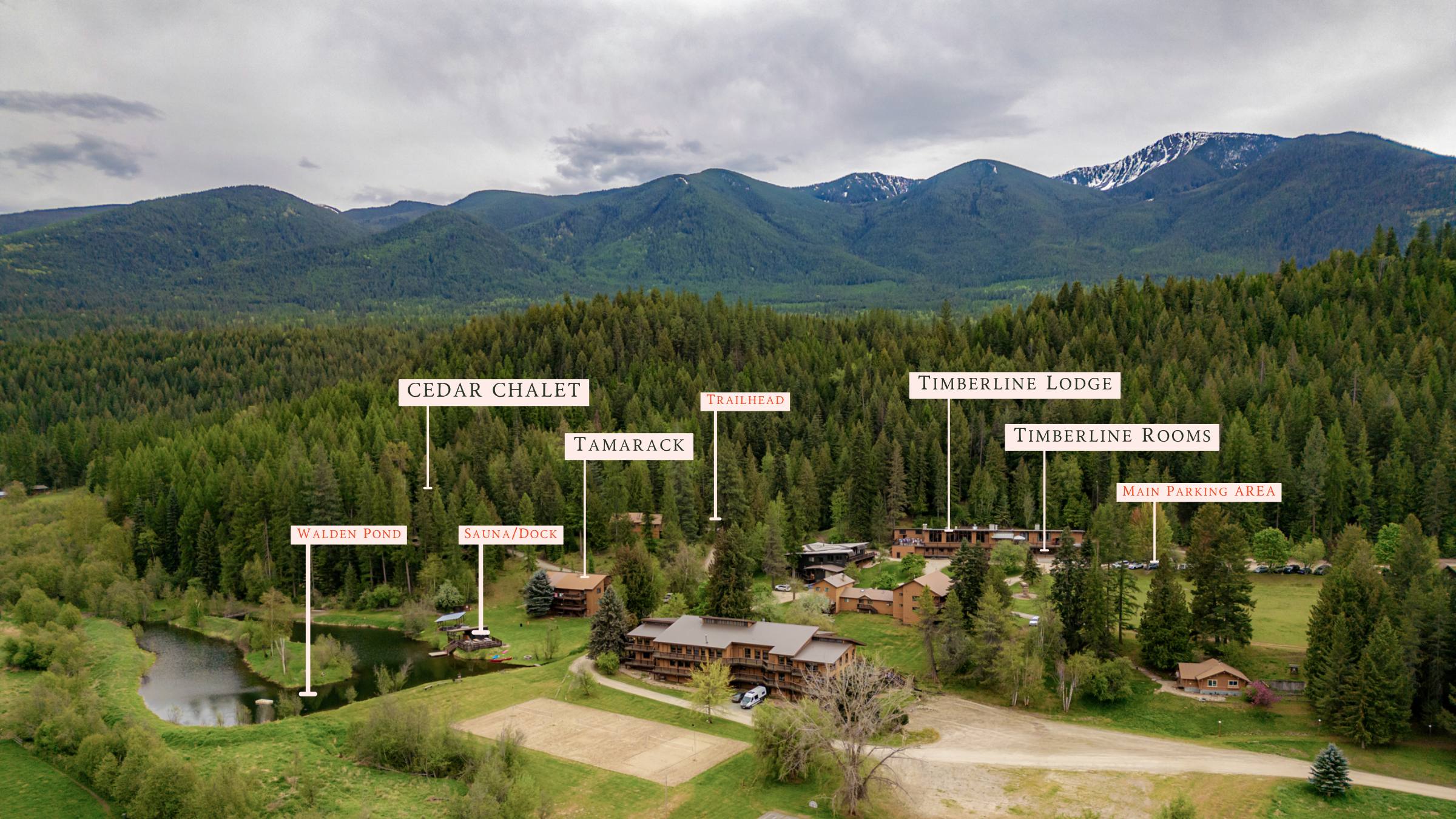 Aerial photo of the upper campus with the Cedar Chalet, Timberline, and the main parking area labeled