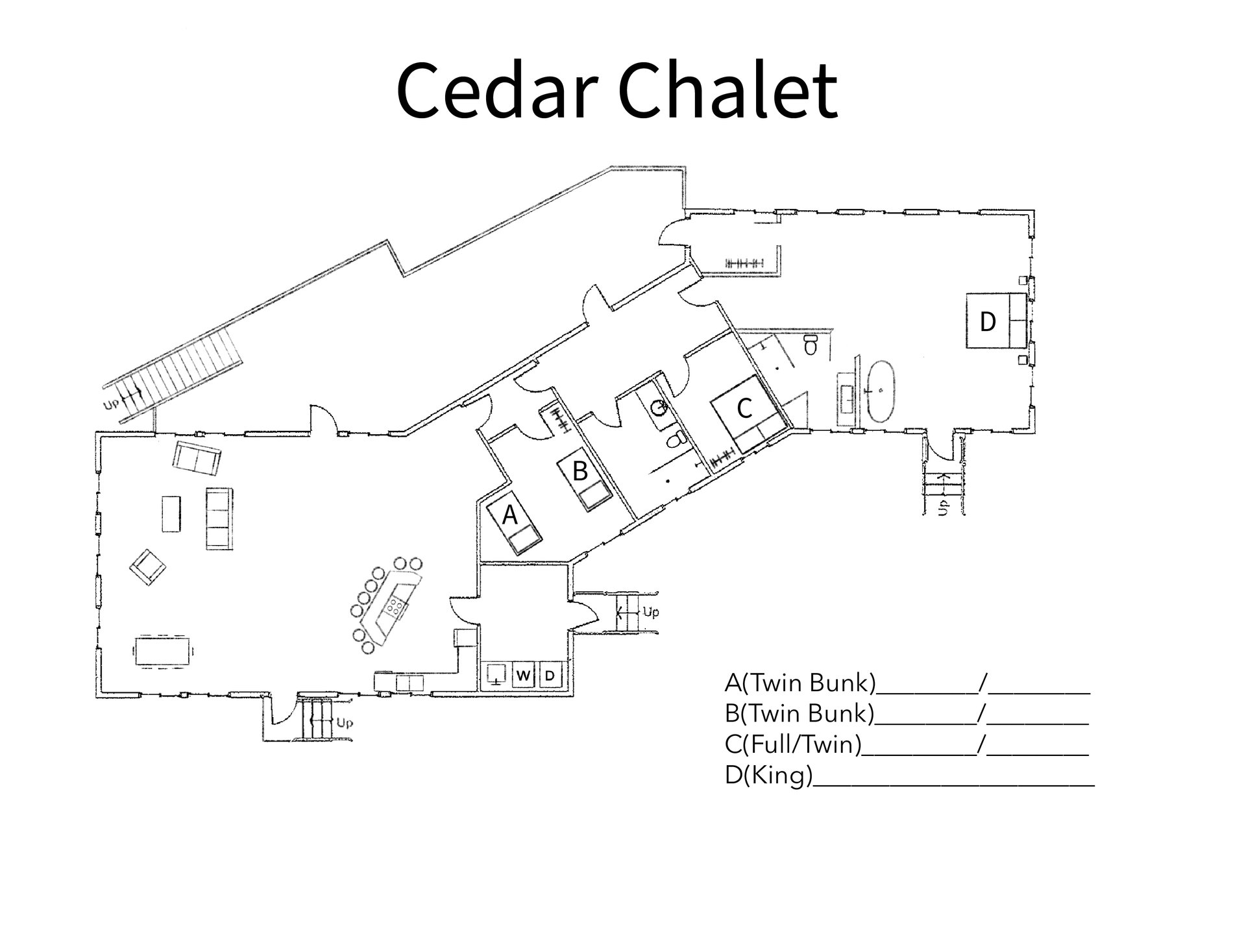Cedar Chalet floor plan with rooms A, B, C, and D and a fill-in list for bed assignments