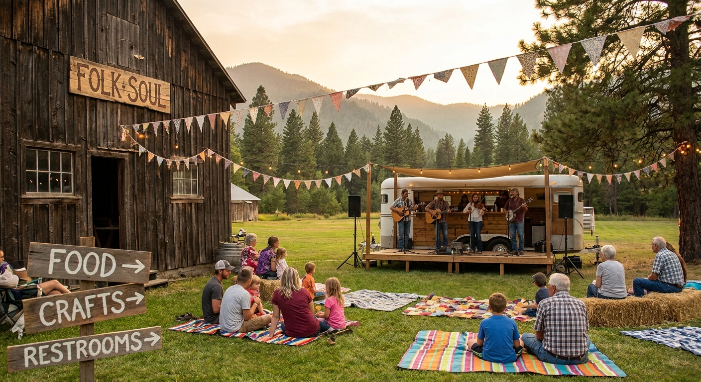 Folk Fest concept: music at the barn, picnic blankets, mountains