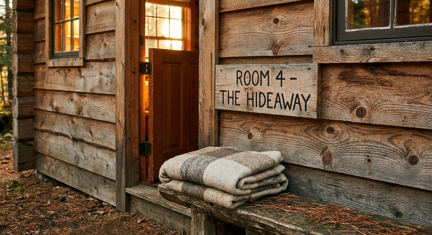 A cabin doorway at golden hour with a room sign and folded blankets
