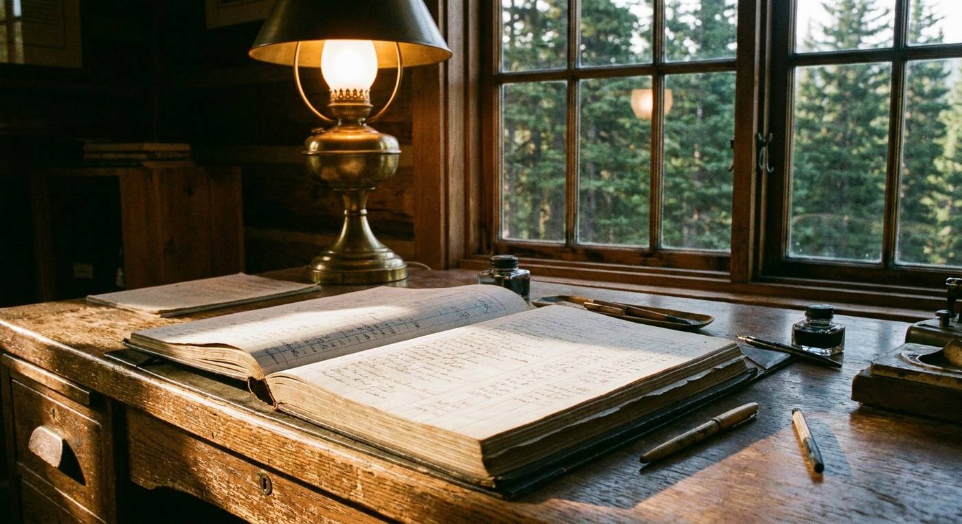 An open ledger book on a wooden desk beside a brass lamp