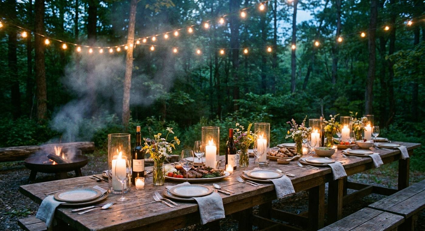 A long table set outdoors under string lights