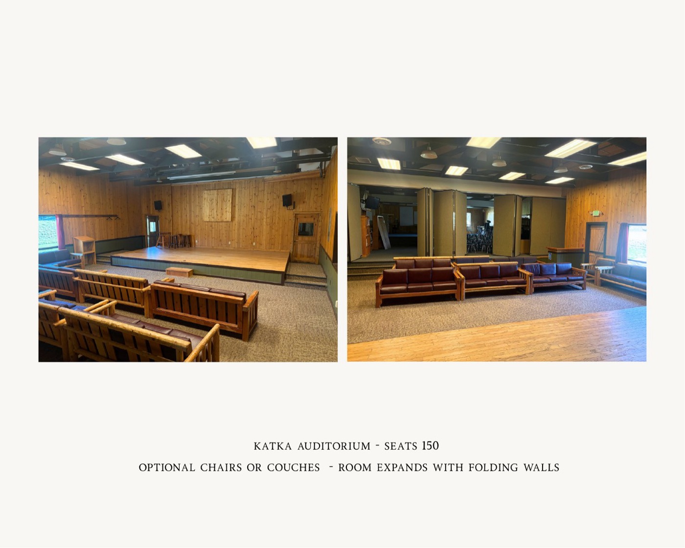 Katka auditorium, seats 150; optional chairs or couches; the room expands with folding walls