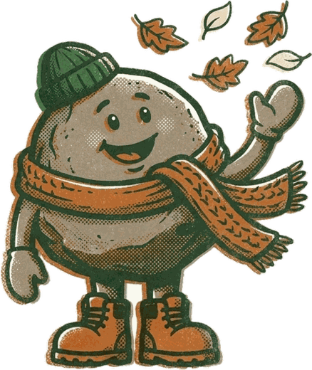 Barry Boulder in a fall scarf, looking up at blowing leaves